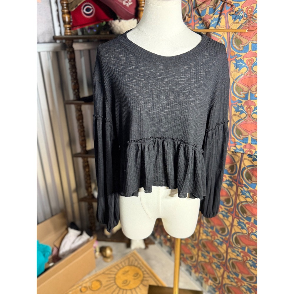 Altar'd State Black Ribbed Peplum Top Long Balloon Sleeve Ruffle Hem Large